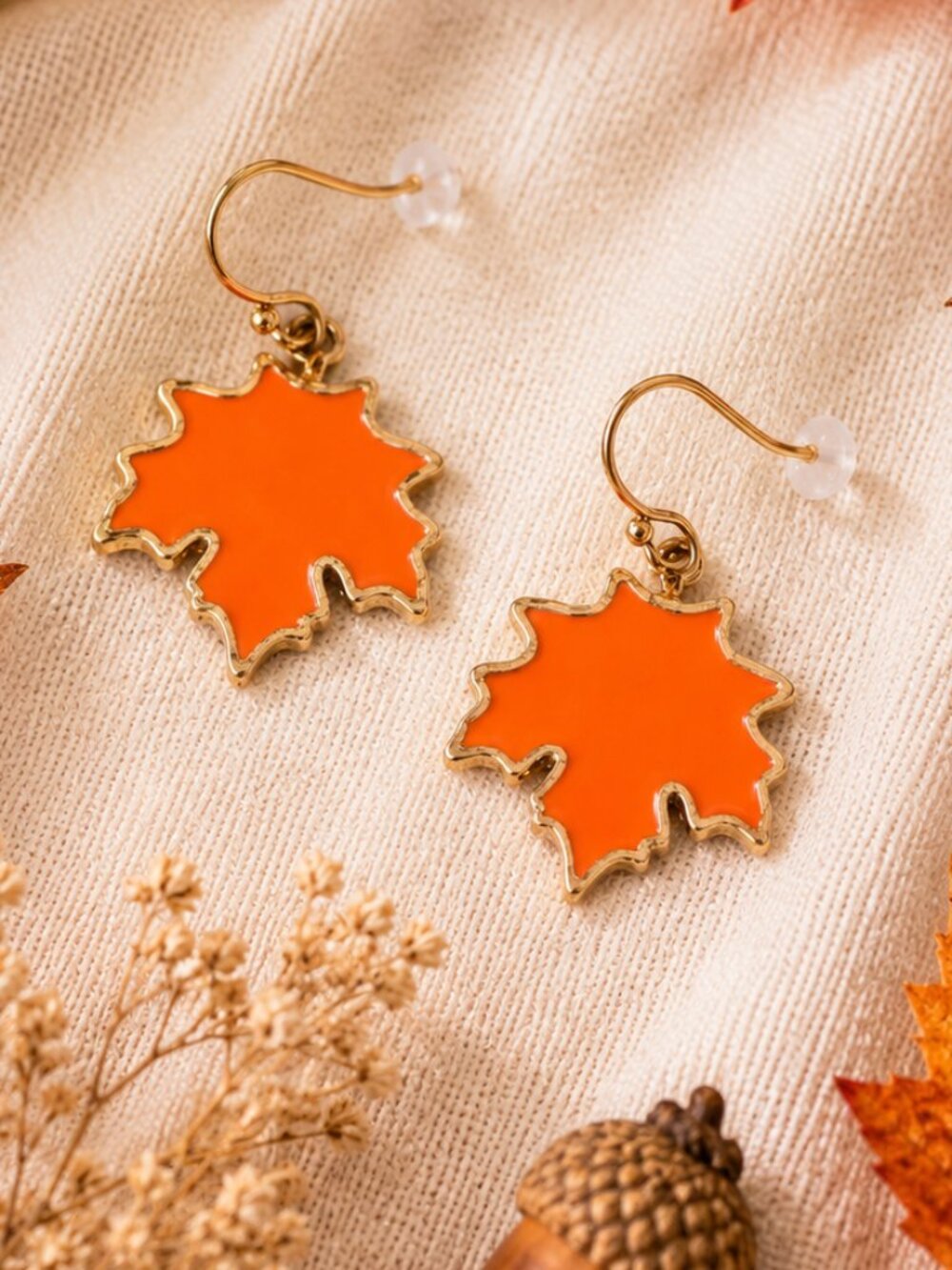 Orange Enamel Maple Leaf Dangle Earrings Gold Fall Autumn Thanksgiving - Picture 2 of 5